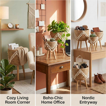3Pcs Natural Seagrass Planter Pots with Legs Macrame Trim Boho Home Garden Decor