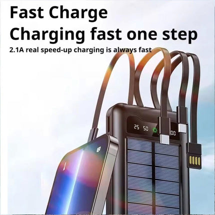 Black 10000mAh Power Bank Portable Charger Built-in Cables LED Display Powerbank Solar