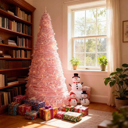 Pre-Decorated Pink Christmas Tree Foldable Holiday Decoration LED lights Xmas
