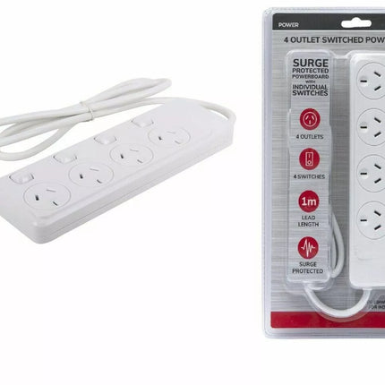 4 Way Outlet Surge Protector Individual Switches 1 Meter 240V Power Board SAA