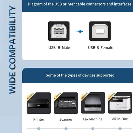 0.5M JASOZ USB Cable for Printer Brother Canon Dell Epson HP Male Type A to B