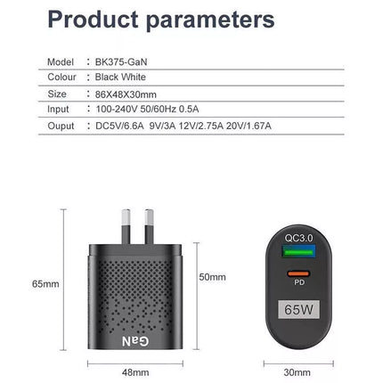 65W GaN Charger Type C PD USB QC 3.0 Fast Charging Wall Adapter for Universal
