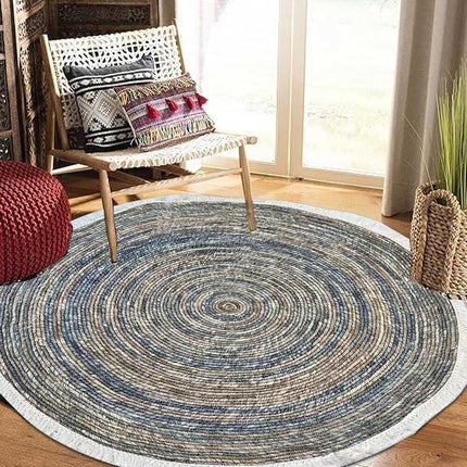 Round Jute and Cotton Rug  and Hand braided Jute Carpet Floor Mat Blue and Brown