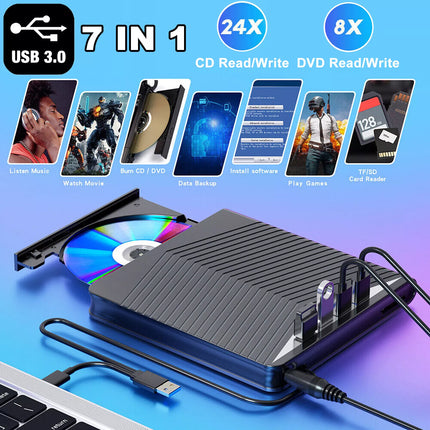 USB External CD RW DVD ROM Writer Burner Player Drive for Laptop PC Mac Windows