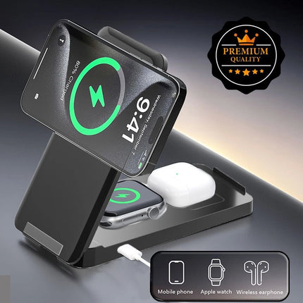 Black Foldable Wireless Charger Dock Charging Station For Apple Watch iPhone 16 15
