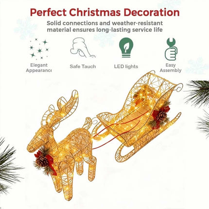Solar-Powered Set of 2 Christmas Decoration Reindeer and Sleigh LED Yard Xmas