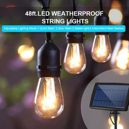 Solar Power 15LED 48FT Festoon String Lights Wedding Party Lights Waterproof