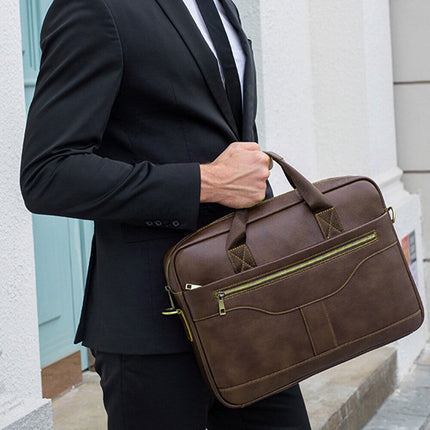 14'' Genuine Leather Briefcase Travel Shoulder Handbags Men Business Laptop Bag Brown