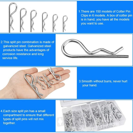 Cotter Pin Assortment 150Pcs Set Grab Split Fixings Securing Lock Pins Kit OZ
