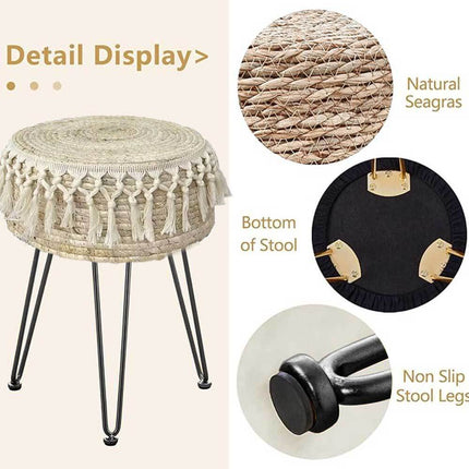 Brown Footstool Natural Seagrass Hand Weave Vanity Makeup Stool Pastoral Style Au