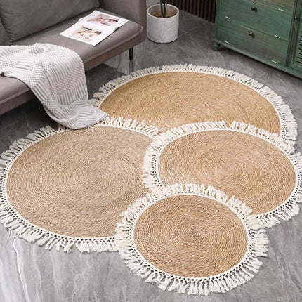 Round Jute and Cotton Rug and Hand braided Jute Carpet Floor Mat Brown