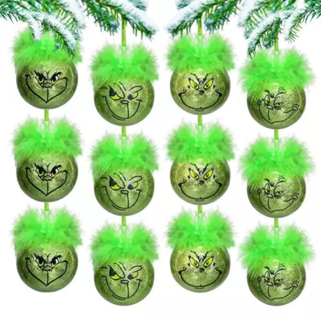 12PCS Grinch Christmas Baubles Christmas Tree Ornament Xmas Ball Party Decor