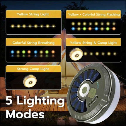 Extractable 10m Solar LED Camping String Lights Tent Garden Warm & Coloured