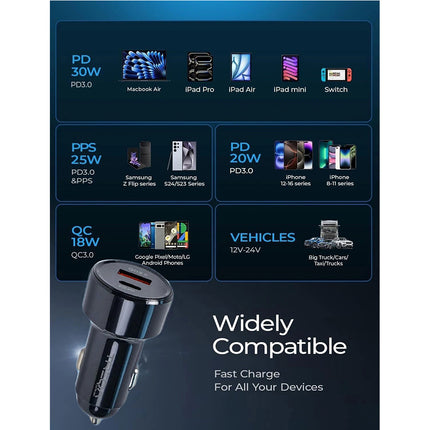 Black USB-C Fast Car Charger with Charging Cable Adapter iPhone Samsung