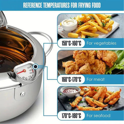 24CM Kitchen Stainless Steel Deep Fryer Frying Pot With Oil Drainer Thermometer & Lid
