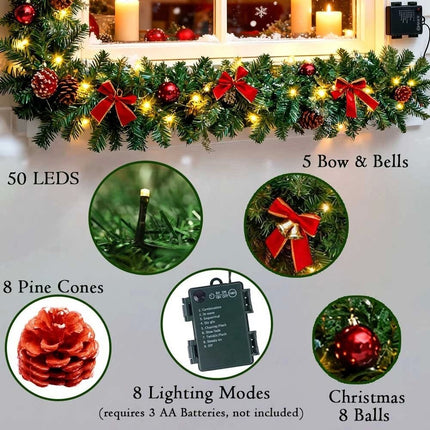 9Ft Pre-Lit Christmas Garland Festive Artificial Decoration with LED Lights