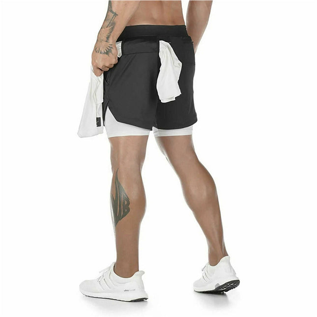 Men Running Shorts 2 in 1 Sports Jogging GYM Fitness Training Quick Dry Breathab Black