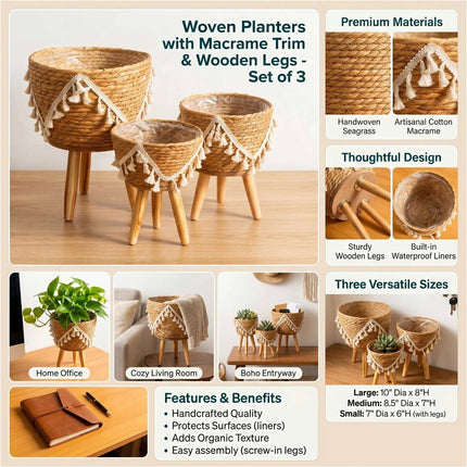 3Pcs Natural Seagrass Planter Pots with Legs Macrame Trim Boho Home Garden Decor
