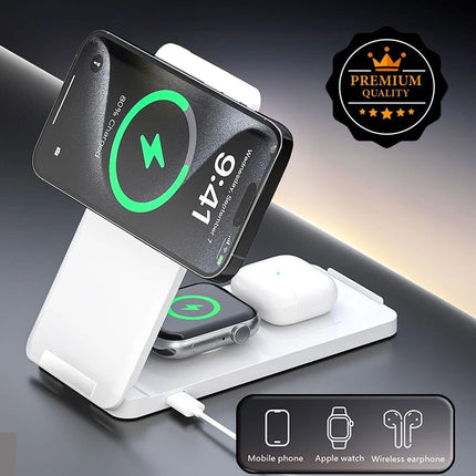 White Foldable Wireless Charger Dock Charging Station For Apple Watch iPhone 16 15