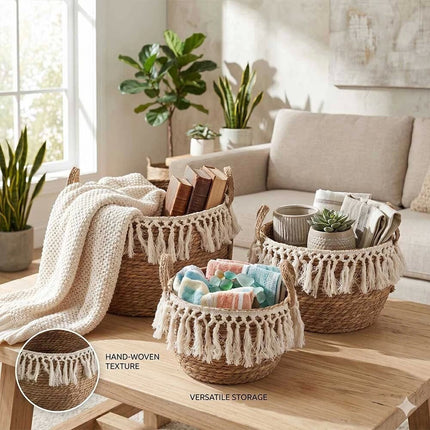 3Pcs Natural Seagrass Planter Pots with Legs Macrame Trim Boho Home Garden Decor