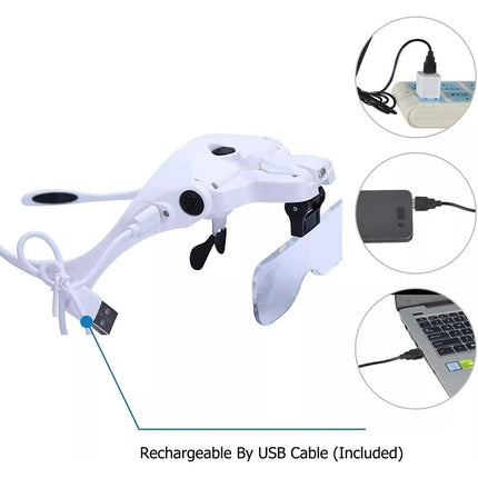 5 Lens Magnifying Glasses LED Headband Headset Head Magnifier Lam Rechargeable