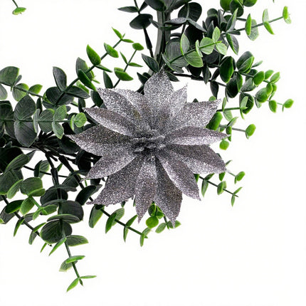 12x Silver Christmas Glitter Artificial Flower Clips Xmas Tree Hanging Ornaments