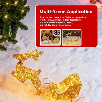 Christmas Lighted Reindeer & Sleigh Solar Powered LED Lights Xmas Decoration