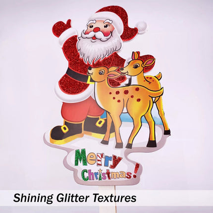 2x Christmas Decor Glitter Santa Reindeer Yard Garden Signs Stakes Lawn Ornament