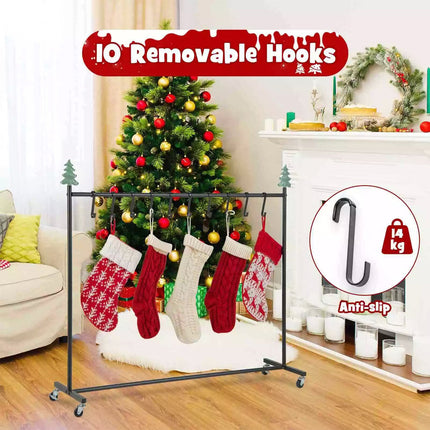10-Hook Christmas Stocking Holder Stand on Wheels w/ 6 Removable Christmas Decor