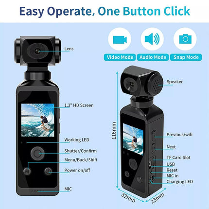 Handheld Action Camera 4K 270° Rotatable 30M Waterproof WIFI Pocket Camera