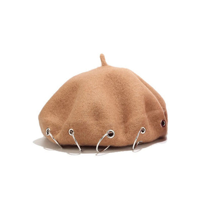 Khaki Unisex Beanie Lady Wool French Beret Hat Cap Winter Warm Iron Ring Design Rock