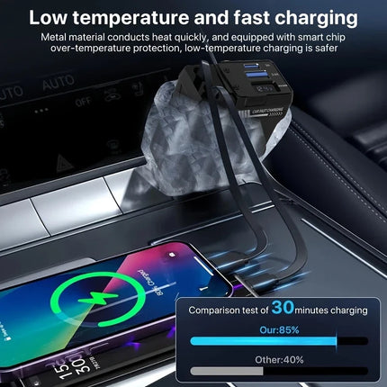 120w 4 IN 1 Retractable Car Fast Charger 2 Cable With USB Type C Port Adapter