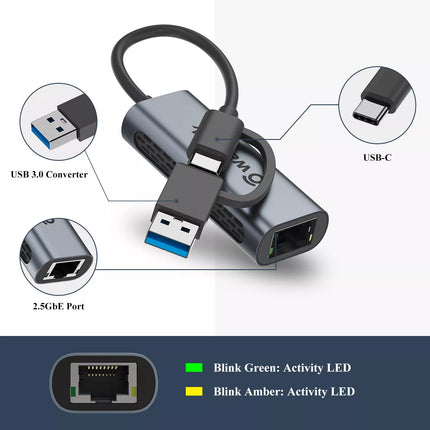 2.5G USB C Ethernet Adapter USB A Network Adapter Laptop RJ45 Adapter