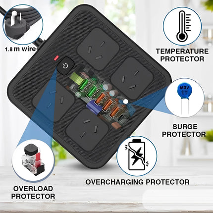 Surge Protector Power Board 4 Outlets USB A C Port Individual Switch Power Strip