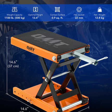 1100 lb Motorcycle Lift Jack Scissor Jack Stand w/ T Handle Wide Deck Orange