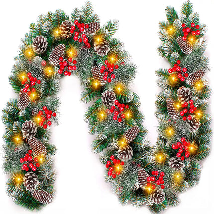 9FT Christmas Garland + LED Lights Pinecones Berry Bushy Wreath Stairs Fireplace