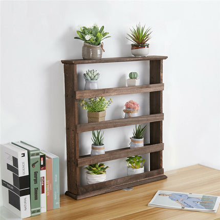 4 Tiers Rustic Wood Spice Rack Organizer Wall Mounted Kitchen Shelves Space Save