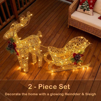 Solar-Powered Set of 2 Christmas Decoration Reindeer and Sleigh LED Yard Xmas