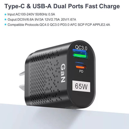 65W GaN Charger Type C PD USB QC 3.0 Fast Charging Wall Adapter for Universal