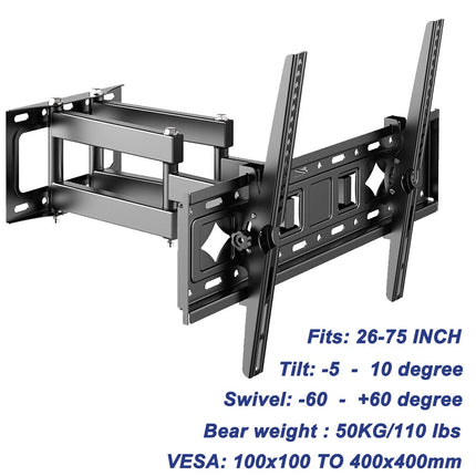 TV Wall Mount Bracket Swivel Tilt Full Motion 26 32 40 43 50 55 60 65 75in 50KG