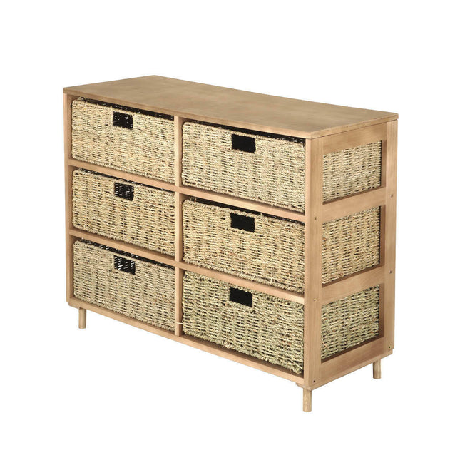 6 Drawers Natural Seagrass Wooden Storage Chest Stylish Hallway Living 66cm