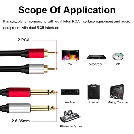 Dual 6.35mm 1/4 TS Mono Male to Dual 2 RCA Male Adapter Audio Cable