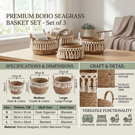 3Pcs Natural Seagrass Planter Pots with Legs Macrame Trim Boho Home Garden Decor