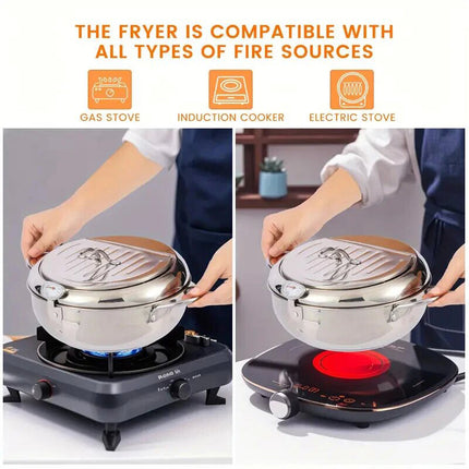 24CM Kitchen Stainless Steel Deep Fryer Frying Pot With Oil Drainer Thermometer & Lid