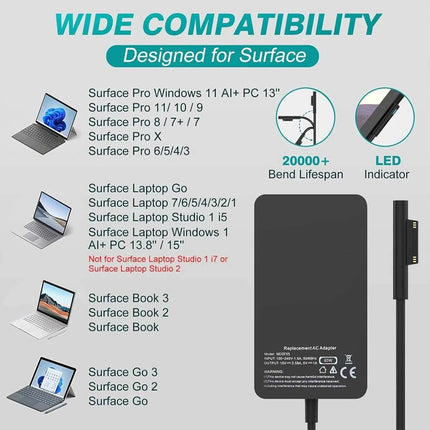 65W Microsoft Surface Charger Pro 11 10 Power Adapter Laptop Go Tablet Cable