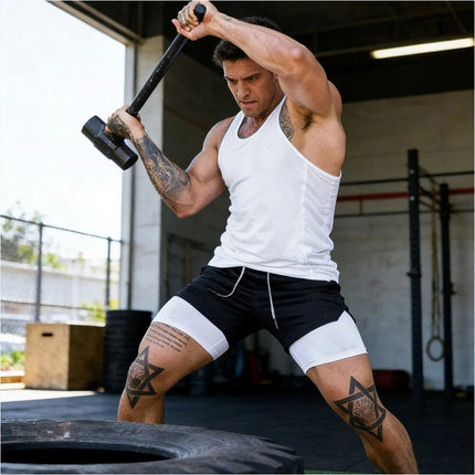Men Running Shorts 2 in 1 Sports Jogging GYM Fitness Training Quick Dry Breathab Black