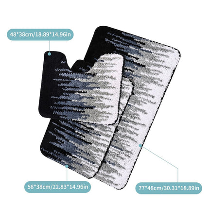 Black 3 Pcs Microfiber Bathroom Rug Shaggy Soft Non-Slip Absorbent Bath Mat Plush