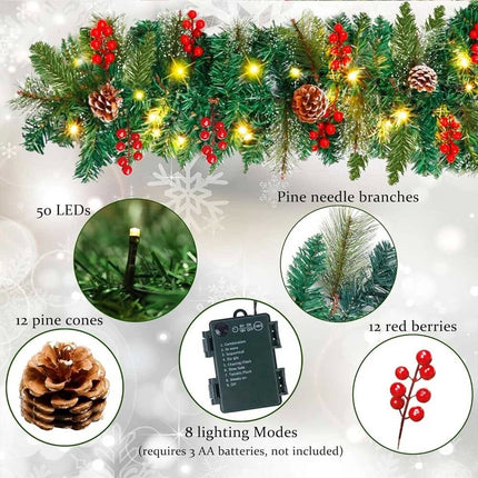 9ft Pre-lit Garland Christmas Decoration Artificial Greenery Pine Flower Flocked