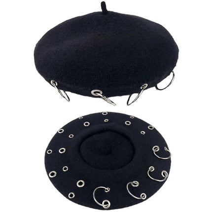 Balck Unisex Beanie Lady Wool French Beret Hat Cap Winter Warm Iron Ring Design Rock