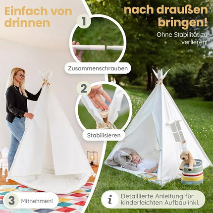 135cm Teepee Tent Kids Cotton Canvas Play House Boys Girls Gift Indoor With Dec Balls